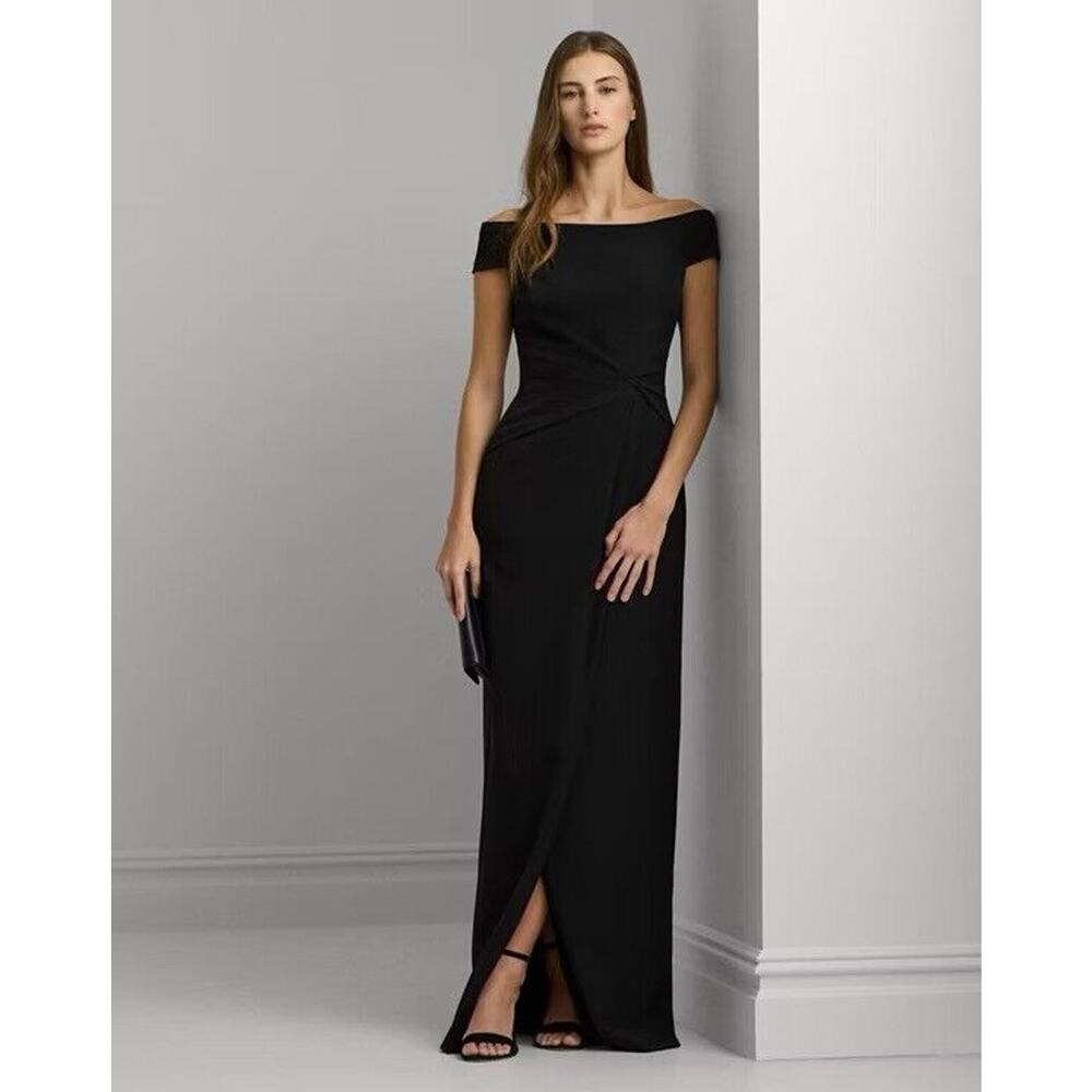 Lauren Ralph Lauren Saran Polished Crepe Black Gown NWT 8